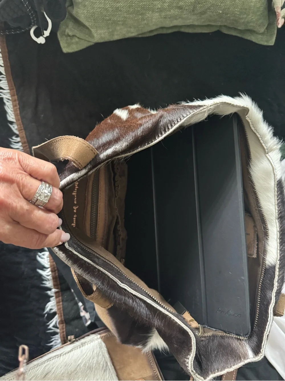 STS Ranchwear Brown and White Cowhide Leather Shoulder Tote